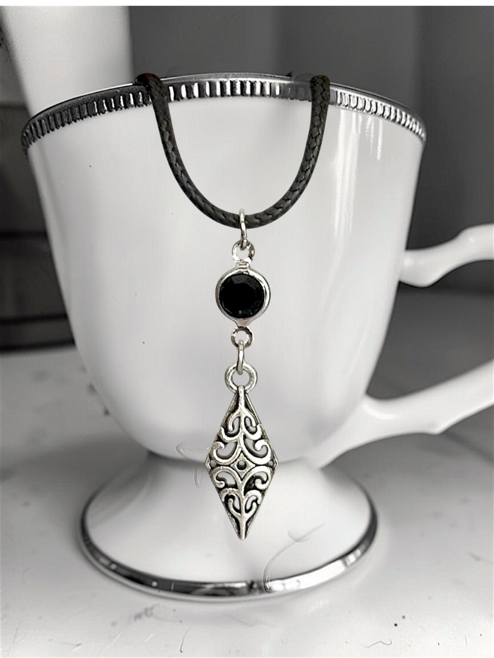 5 For $25💫Silver Filigree Diamond Necklace Pendant With Black Acrylic Gem Accent